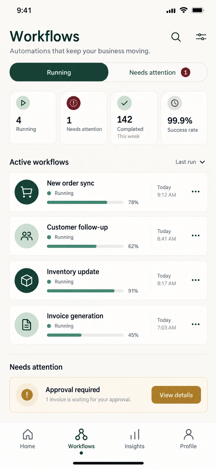 iOS workflow screen with running automations, success rates and approval requests
